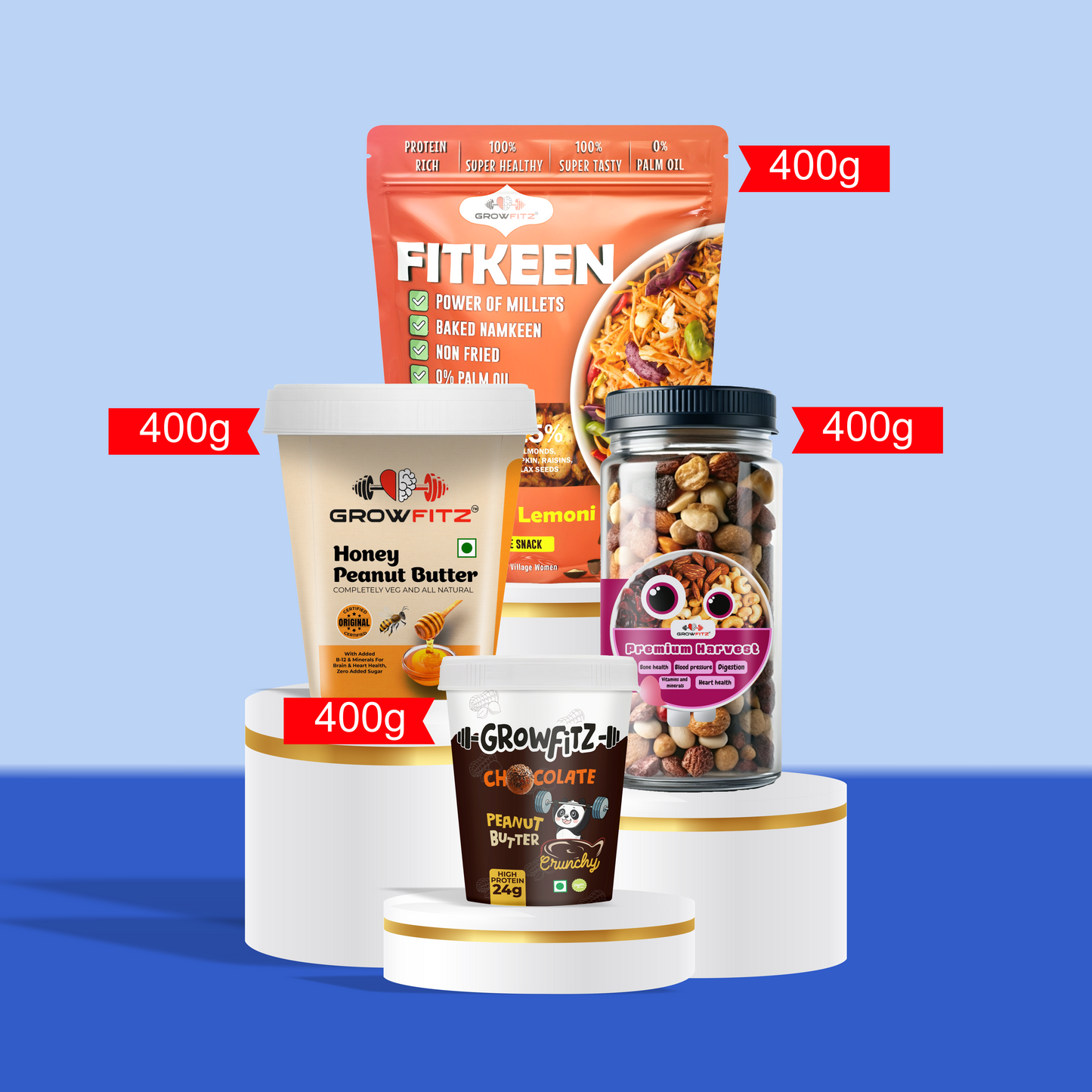 Growfitz Corporate Gift Combo | Dry Fruits + Honey Peanut Butter + Fitkeen + Chocolate Peanut Butter | Healthy Gifting for Employees & Clients