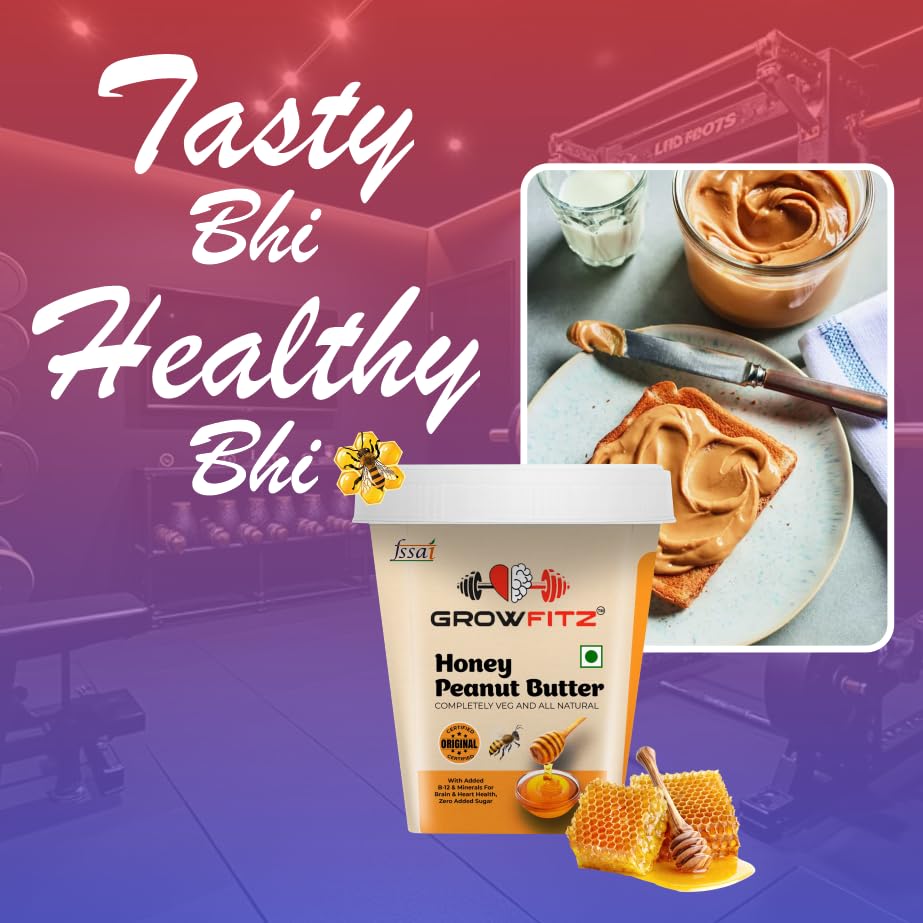 Growfitz Honey Peanut Butter 500g– Pack of 2 (100% Natural & Veg)