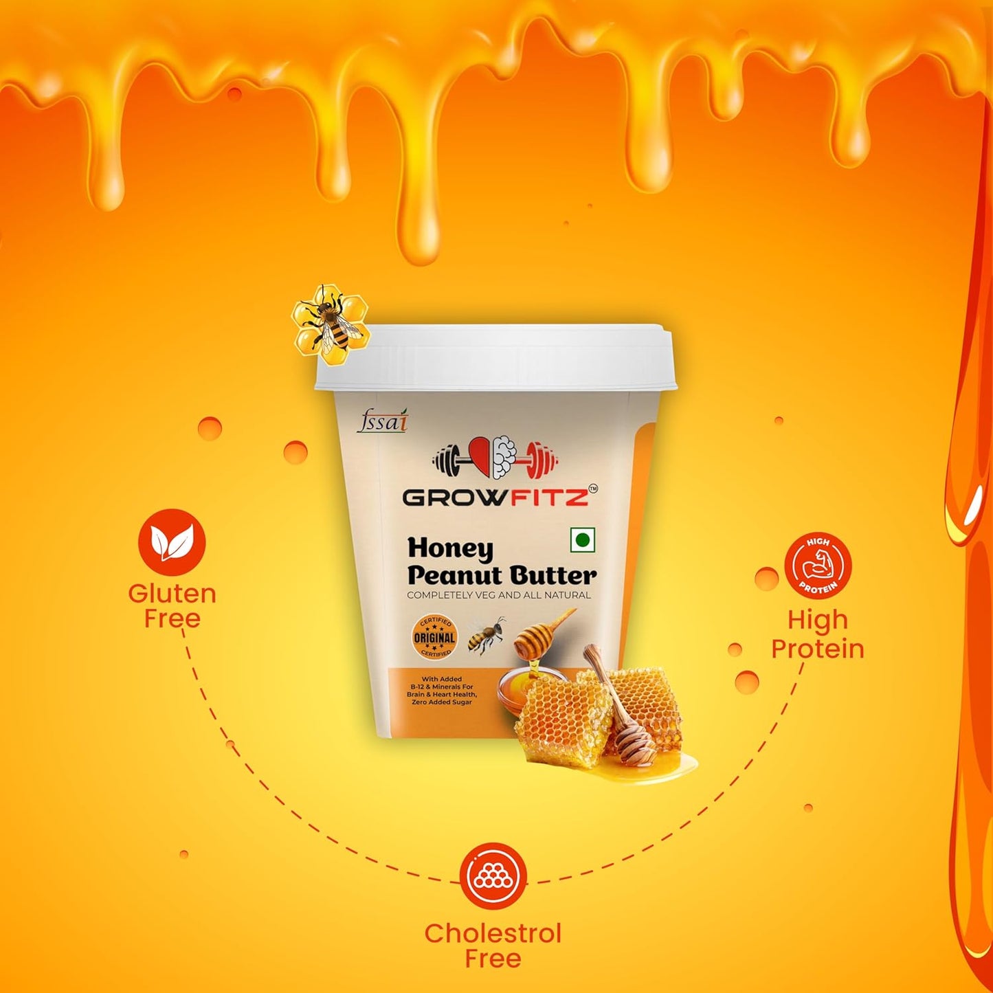 Growfitz Honey Peanut Butter 500g– Pack of 2 (100% Natural & Veg)