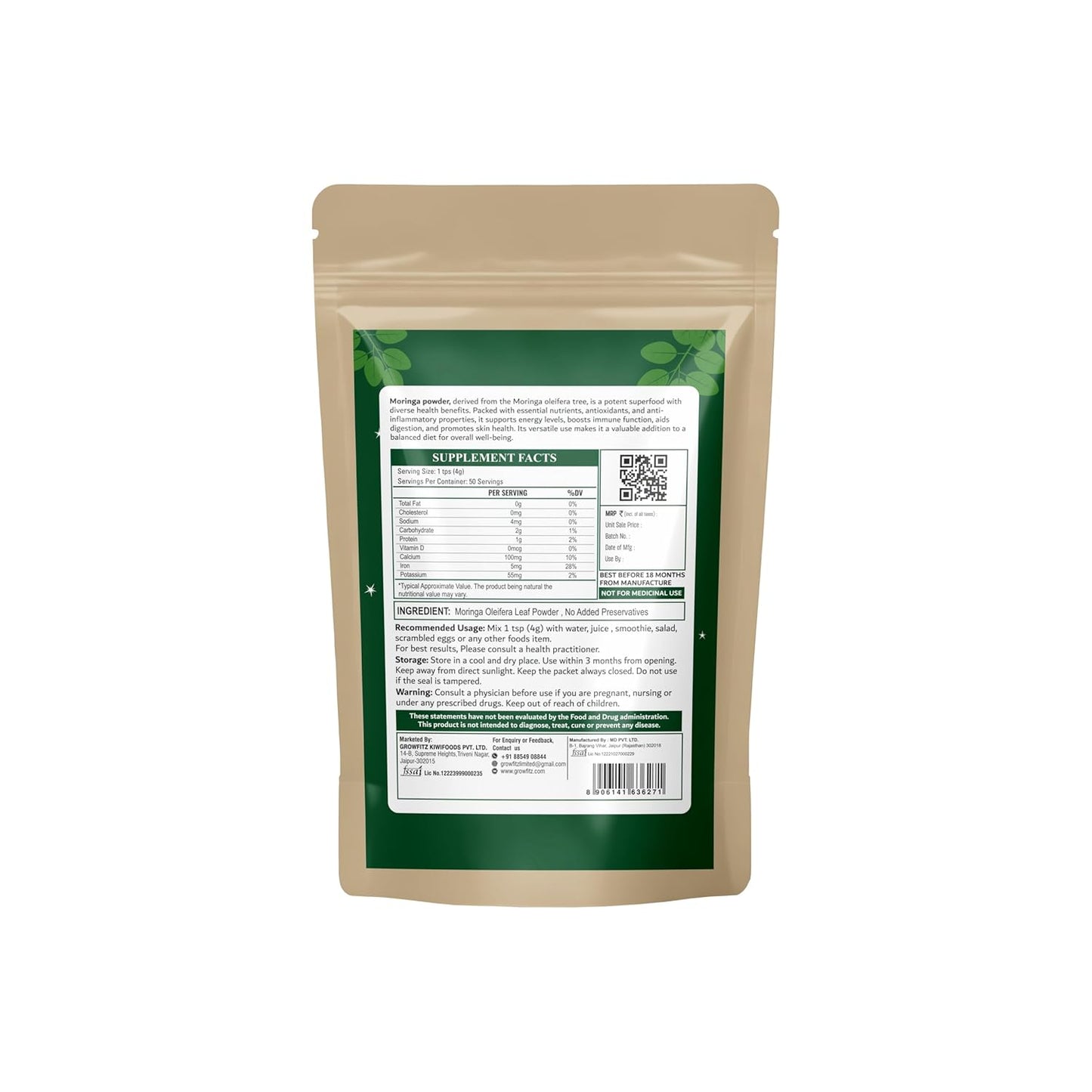 Growfitz Moringa Powder | 200g x 2 Combo | Organic Superfood for Immunity & Energy