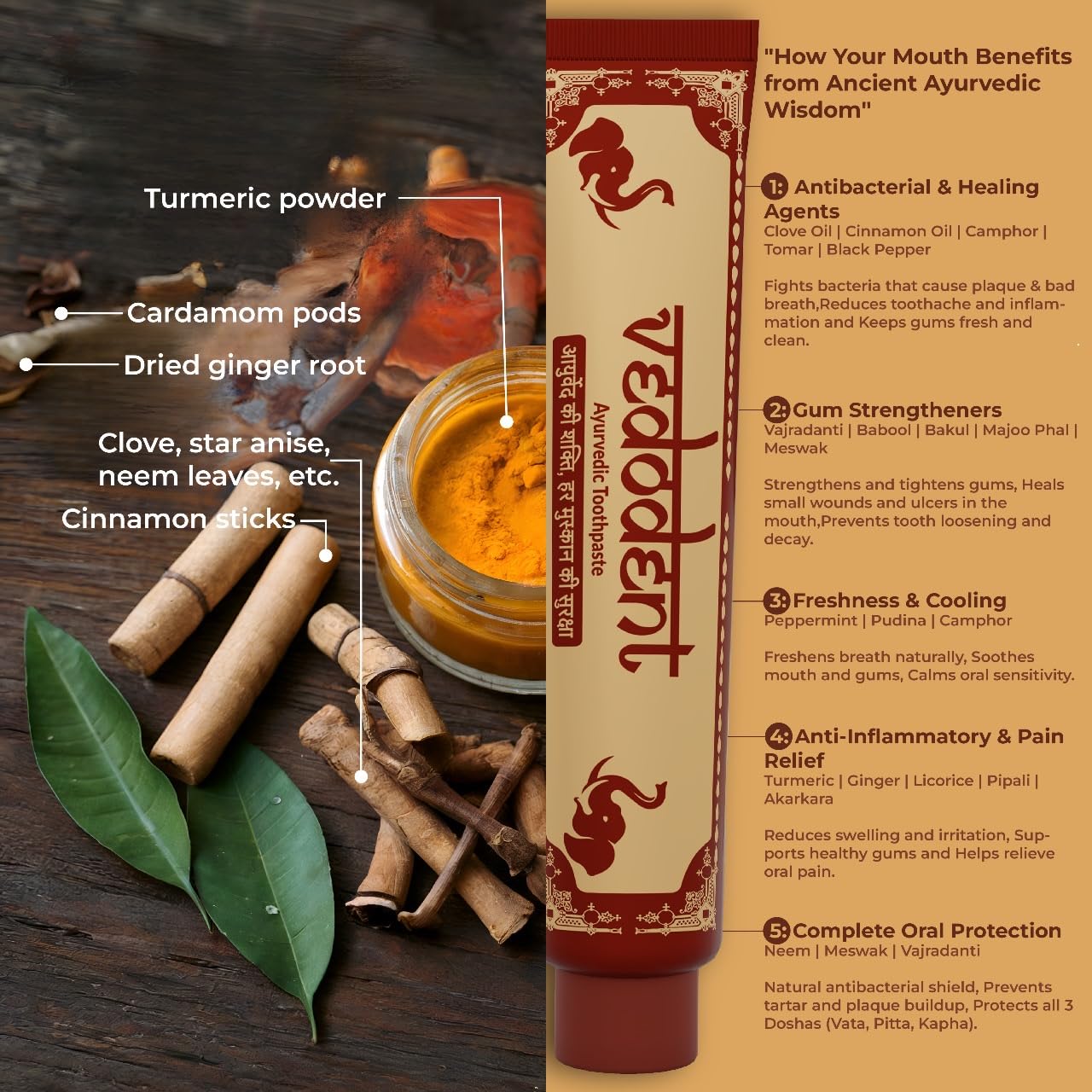 VEDODENT Ayurvedic Toothpaste Combo | 100% Natural | 2 Toothpastes + 2 Bamboo Brushes + 2 Tongue Cleaners