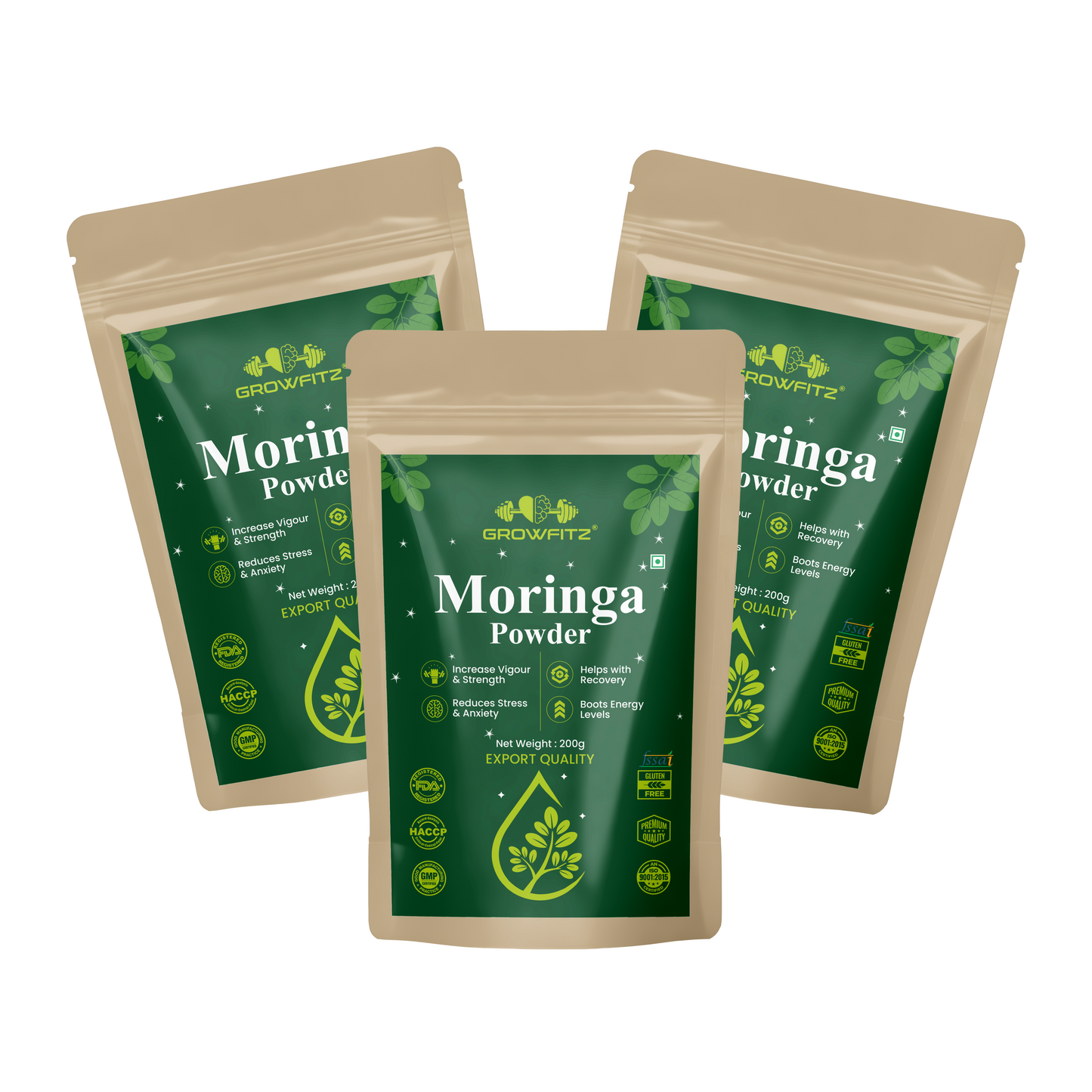 GROWFITZ Moringa Powder | 100% Pure & Natural Superfood | Rich in Iron, Calcium & Antioxidants | Boosts Immunity, Energy & Vitality | 200g Each