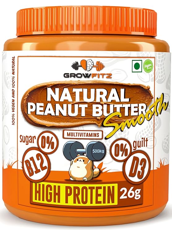 Growfitz Peanut Butter Smooth 800g Combo Pack | High Protein, 100% Natural | Free Vedodent Ayurvedic Toothpaste