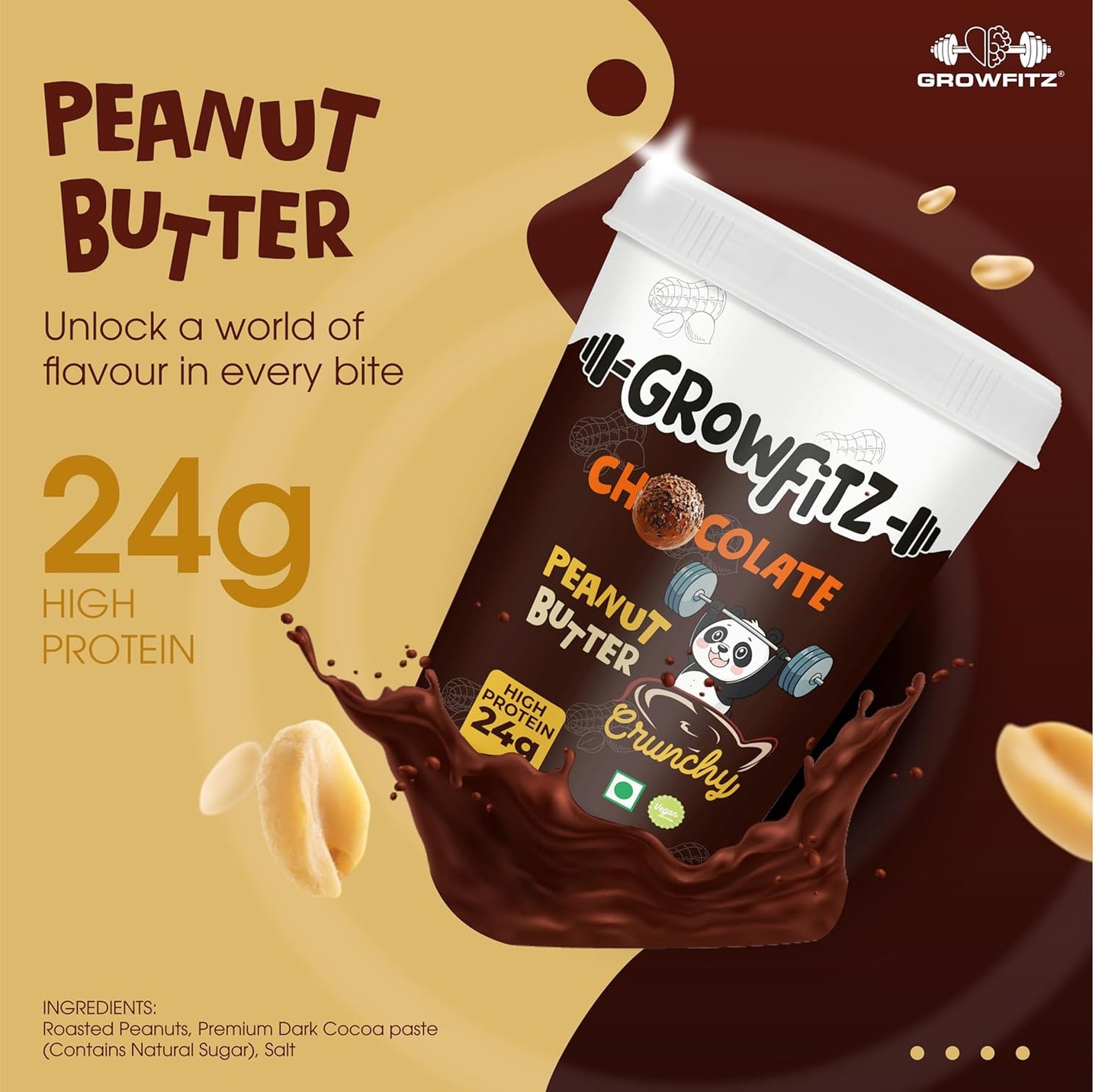 Growfitz Chocolate Peanut Butter – Crunchy 400g | 24g Protein | Combo Pack of 2 | High Protein Spread