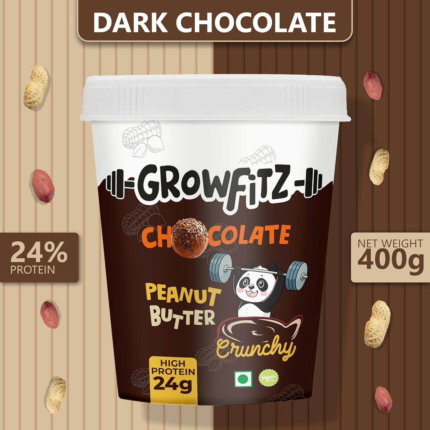 Growfitz Chocolate Peanut Butter – Crunchy 400g | 24g Protein | Combo Pack of 2 | High Protein Spread