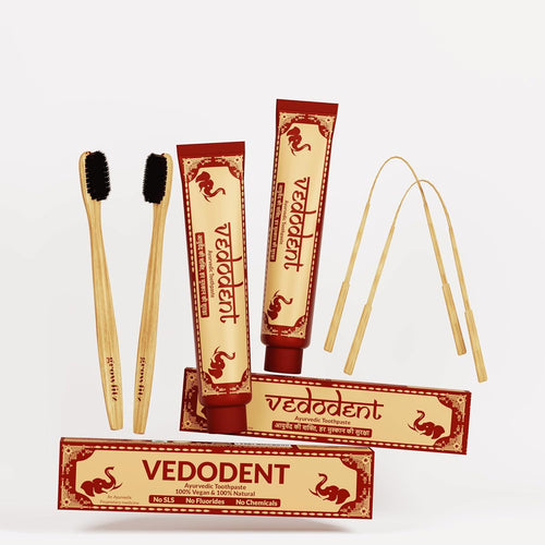 VEDODENT Ayurvedic Toothpaste Combo | 100% Natural | 2 Toothpastes + 2 Bamboo Brushes + 2 Tongue Cleaners