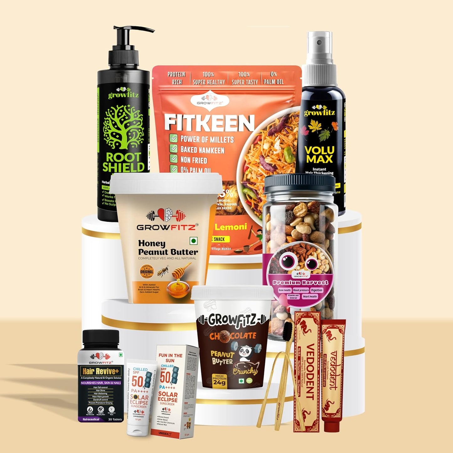 Growfitz Ultimate Rakhi Gift Hamper | Haircare, Peanut Butter, Trail Mix, Fitkeen & More | Healthy & Pampering Combo