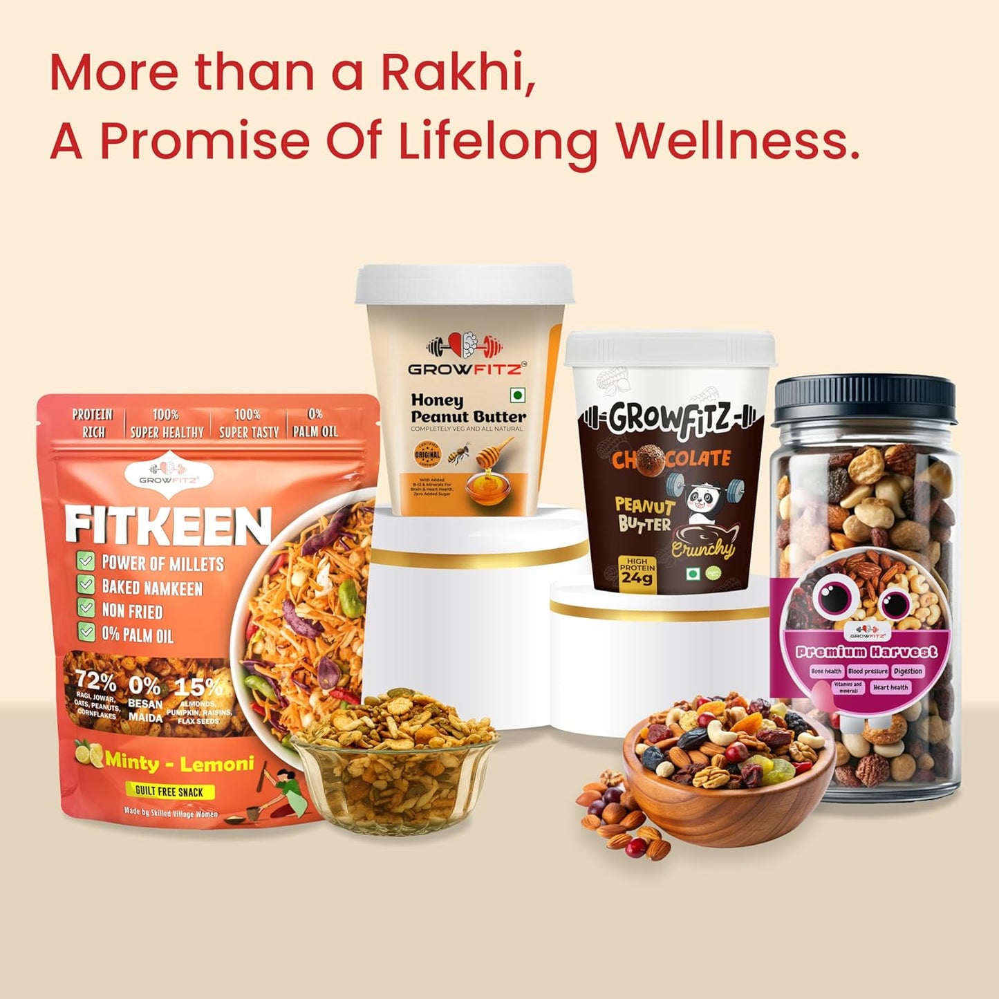 Growfitz Raksha Bandhan Gift Hamper | Peanut Butter, Trail Mix, Fitkeen & Chocolate Spread | Healthy Rakhi Combo