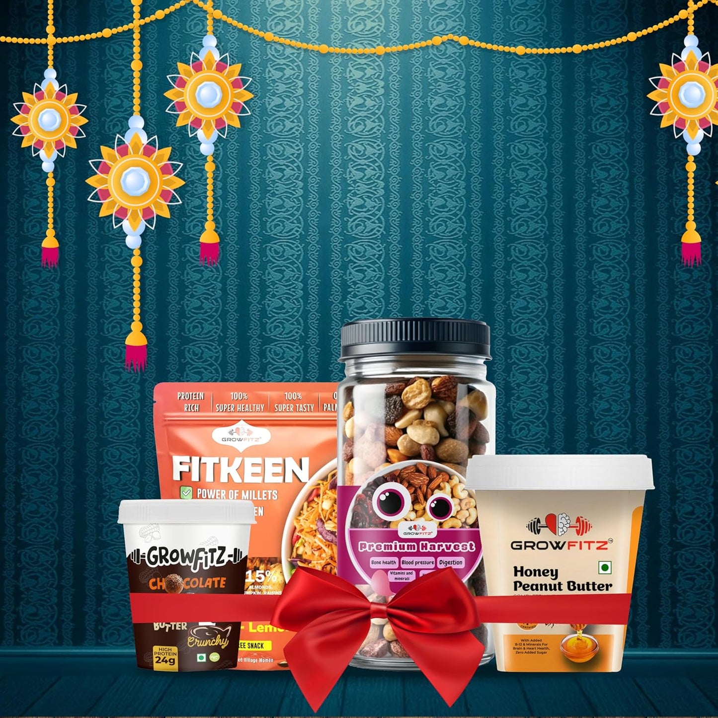 Growfitz Raksha Bandhan Gift Hamper | Peanut Butter, Trail Mix, Fitkeen & Chocolate Spread | Healthy Rakhi Combo