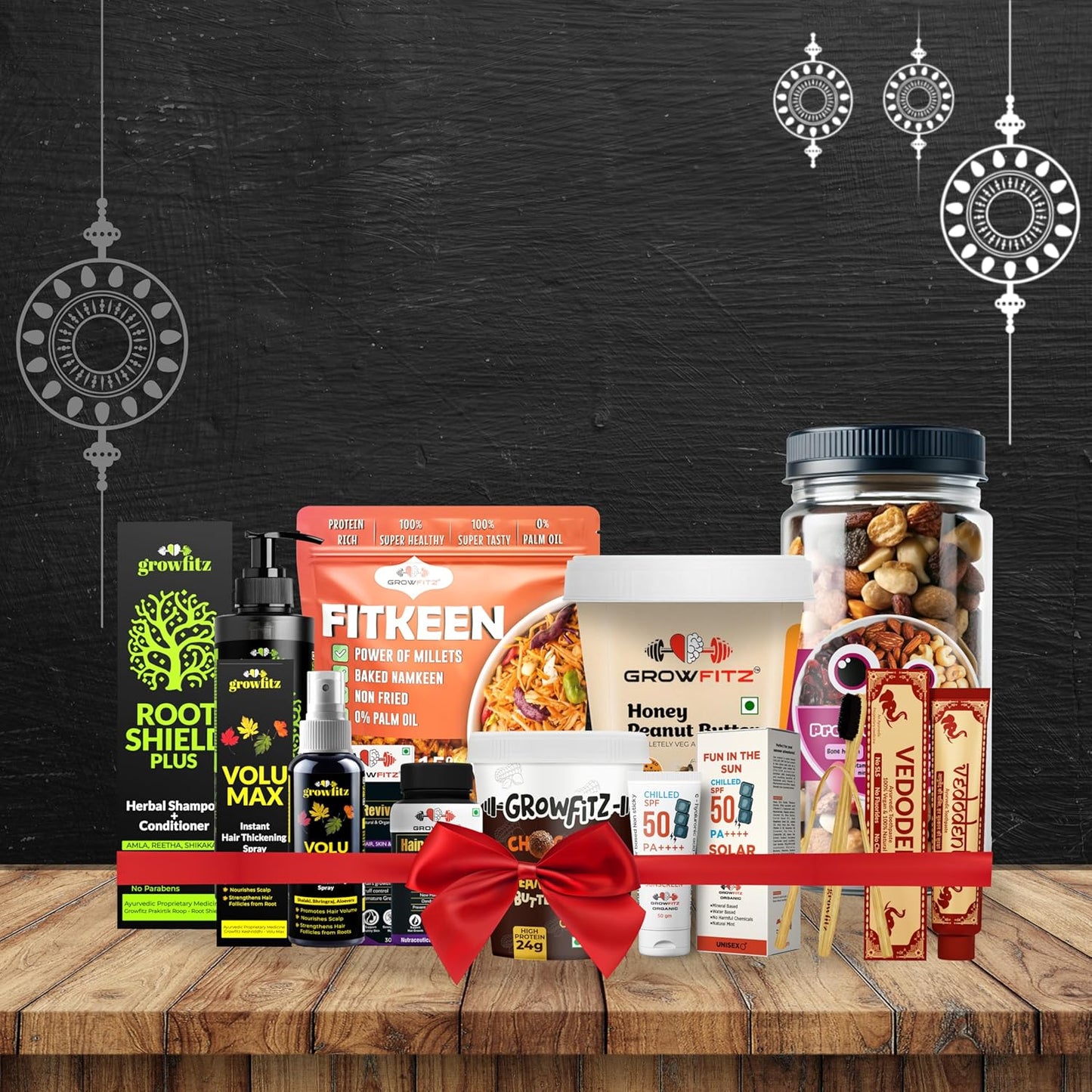 Growfitz Ultimate Rakhi Gift Hamper | Haircare, Peanut Butter, Trail Mix, Fitkeen & More | Healthy & Pampering Combo
