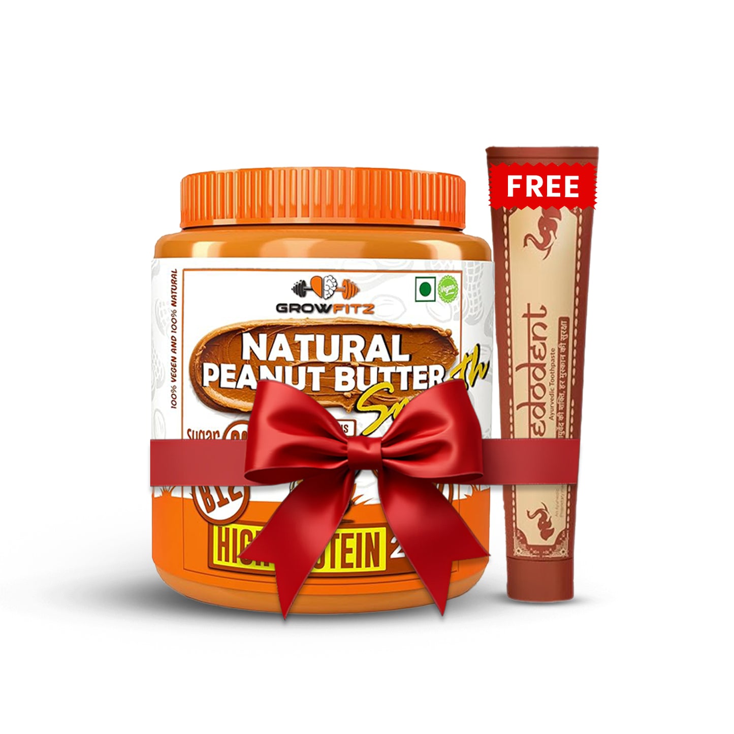 Growfitz Peanut Butter Smooth 800g Combo Pack | High Protein, 100% Natural | Free Vedodent Ayurvedic Toothpaste