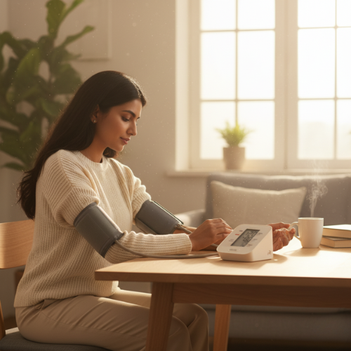 A calm, natural daylight scene of a person checking their blood pressure at home with a digital BP monitor on a wooden table. Soft golden tones, cozy home setting, green plant in the background, minimal and clean composition.