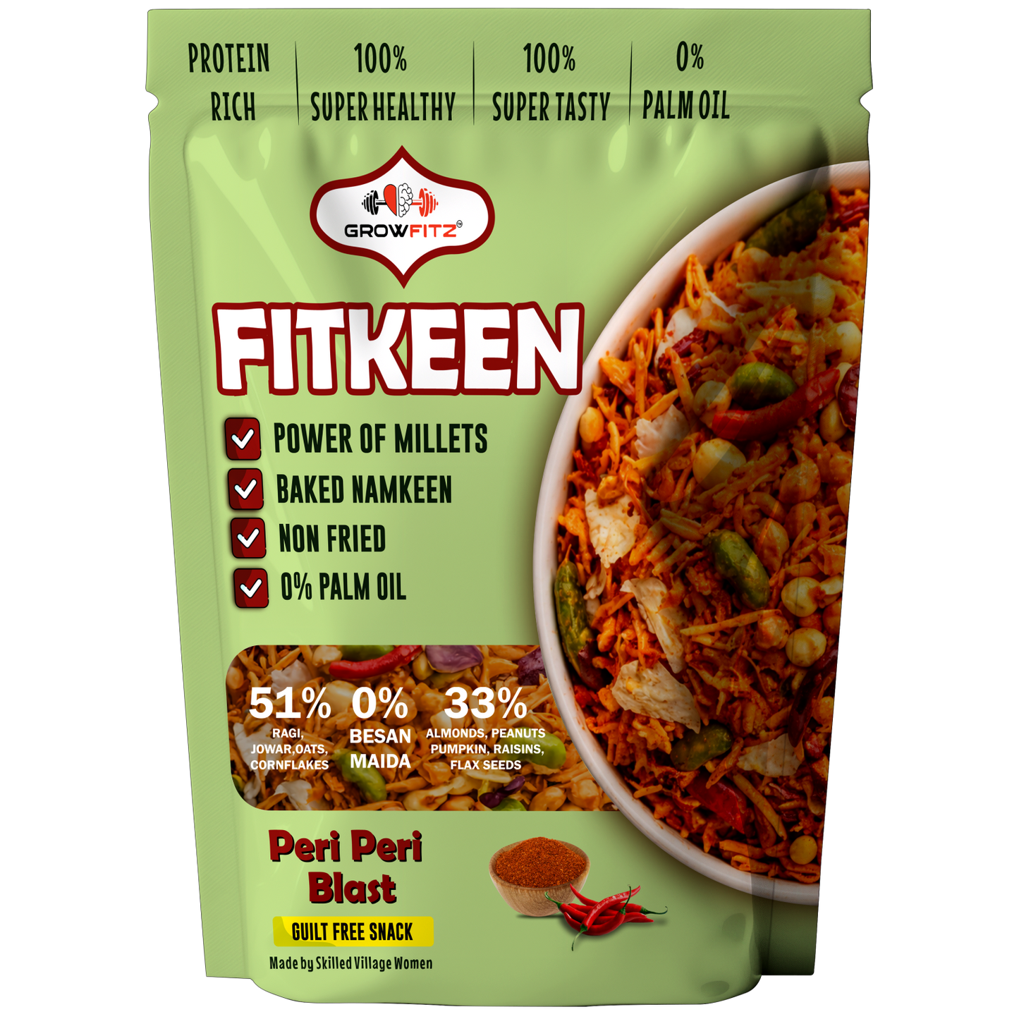 Baked Namkeen Mixture 200g | Peri Peri Spice Flavor | Non-Fried Millet Snack | 0% Palm Oil | 12.4g Protein | Healthy, Tasty & Guilt-Free Namkeen
