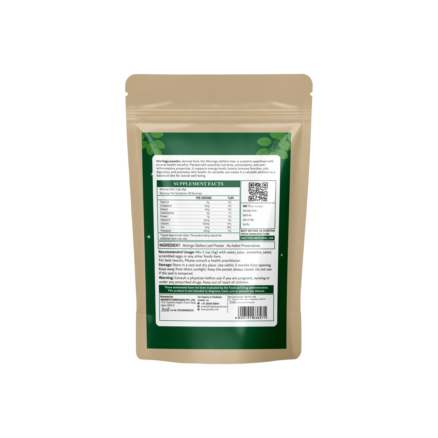 GROWFITZ Moringa Powder | 100% Pure & Natural Superfood | Rich in Iron, Calcium & Antioxidants | Boosts Immunity, Energy & Vitality | 200g Each
