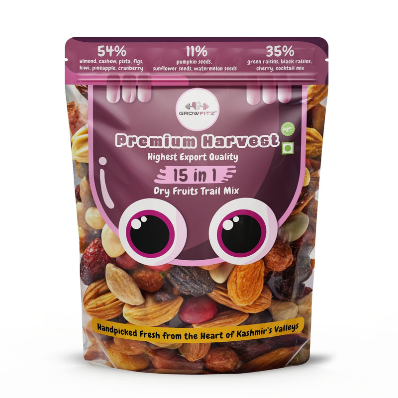 Growfitz Premium Mixed Dried Fruits | Export Quality | 15 in 1 Trail Mix | Cashew, Almonds , Anjeer , Craneberries, Pishta, Dates, Cherries and Many More