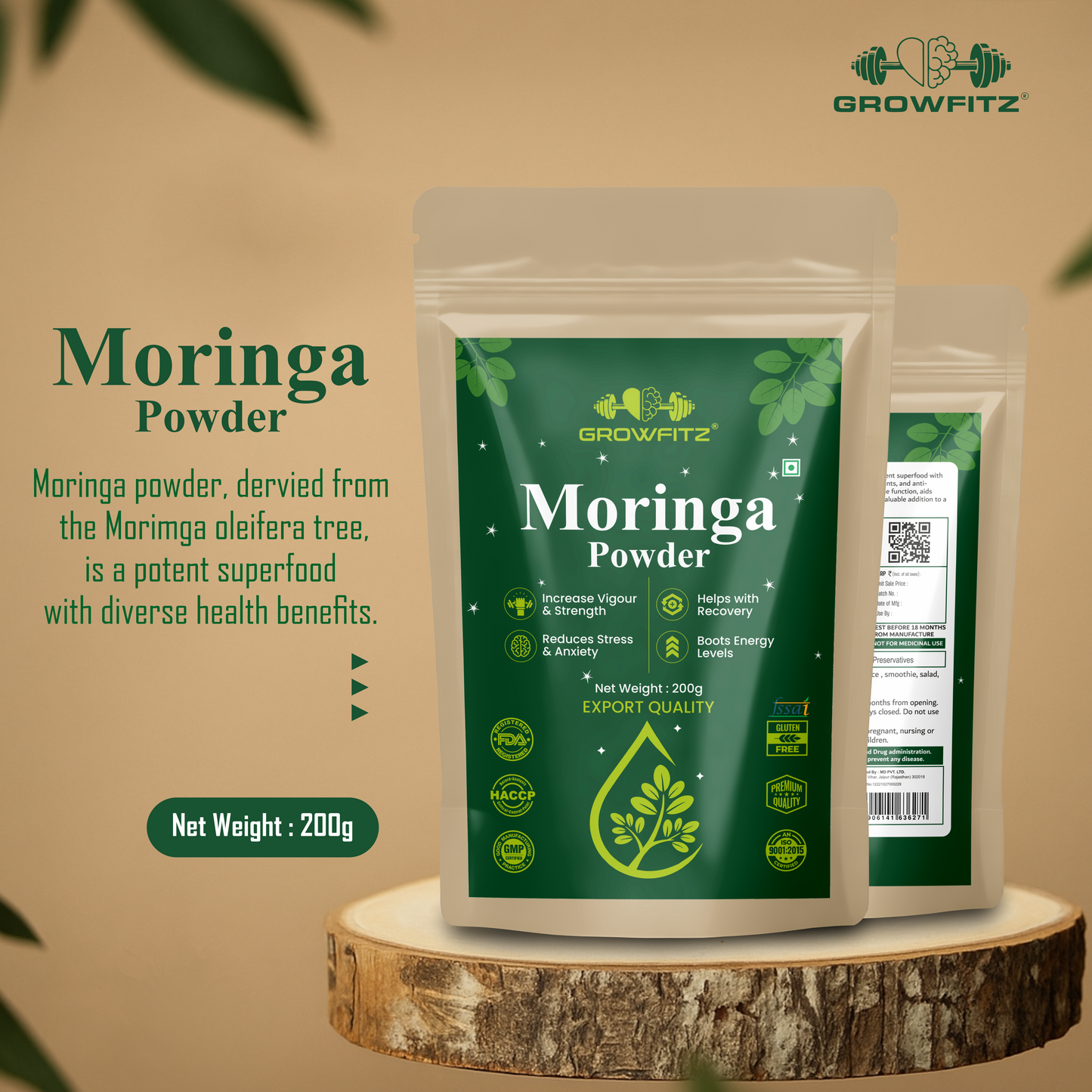 GROWFITZ Moringa Powder | 100% Pure & Natural Superfood | Rich in Iron, Calcium & Antioxidants | Boosts Immunity, Energy & Vitality | 200g Each