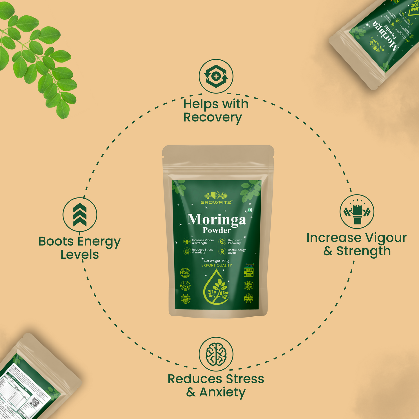 GROWFITZ Moringa Powder | 100% Pure & Natural Superfood | Rich in Iron, Calcium & Antioxidants | Boosts Immunity, Energy & Vitality | 200g Each