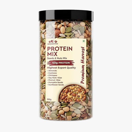 7-in-1 Seeds & Nuts Mix, 500g | 40g High Protein | Air Roasted Almonds, Cashews, Chickpeas, Soy Nuts, Peanuts, Pumpkin & Sunflower Seeds | Zero Sugar | Export Quality Healthy Snack