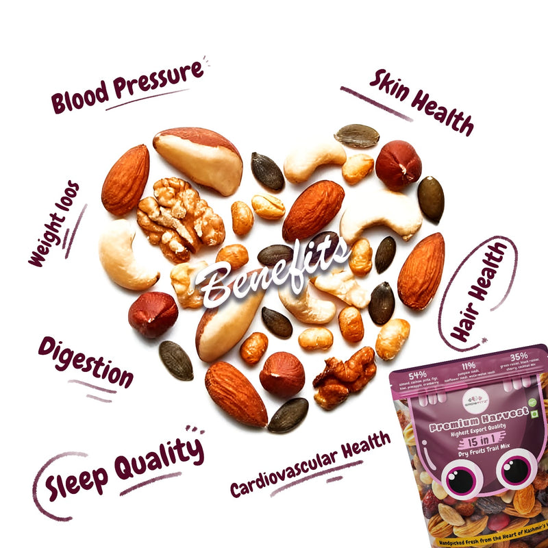 Growfitz Premium Mixed Dried Fruits | Export Quality | 15 in 1 Trail Mix | Cashew, Almonds , Anjeer , Craneberries, Pishta, Dates, Cherries and Many More