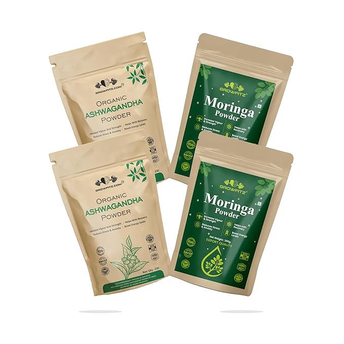 Growfitz Moringa & Ashwagandha Powder – Pack of 4 | Immunity + Stress Relief Combo | 100% Natural