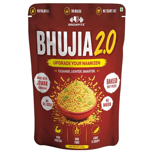 Growfitz Baked Jowar Bhujia 2.0, 200g | Healthy Crispy Namkeen Snack | 10g Protein & High Fibre | Made with Sorghum | No Maida, No Palm Oil, No Trans Fat or No Cholesterol