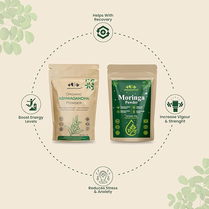 Growfitz Moringa & Ashwagandha Powder – Pack of 4 | Immunity + Stress Relief Combo | 100% Natural