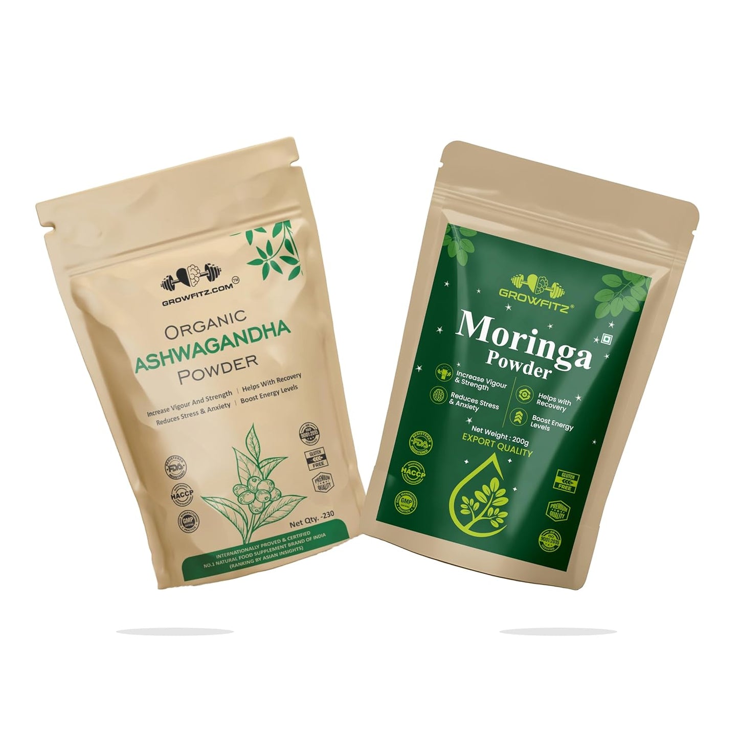 Growfitz Moringa & Ashwagandha Powder – Pack of 4 | Immunity + Stress Relief Combo | 100% Natural