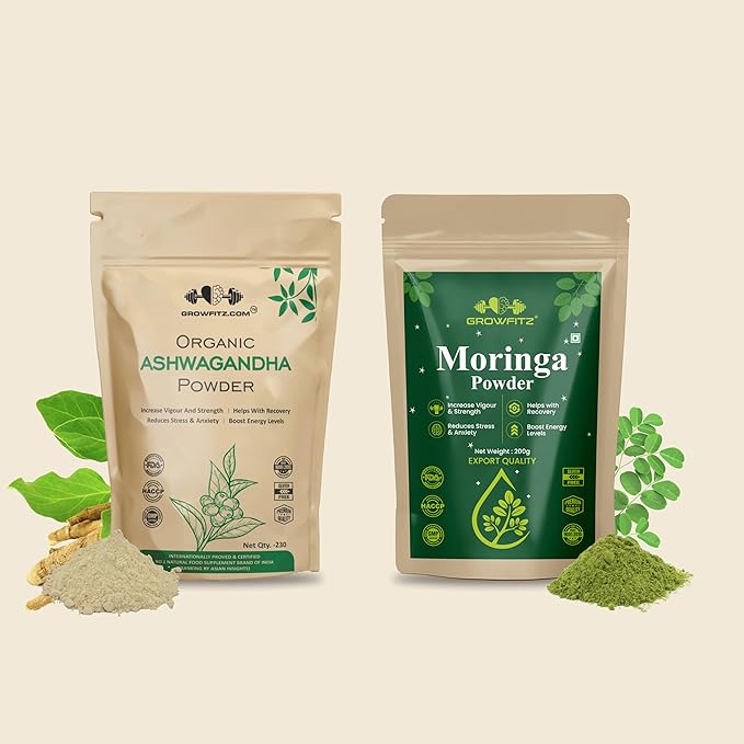 Growfitz Moringa & Ashwagandha Powder – Pack of 4 | Immunity + Stress Relief Combo | 100% Natural