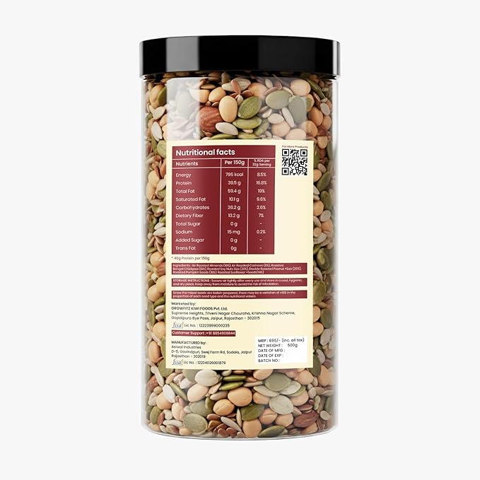 7-in-1 Seeds & Nuts Mix, 500g | 40g High Protein | Air Roasted Almonds, Cashews, Chickpeas, Soy Nuts, Peanuts, Pumpkin & Sunflower Seeds | Zero Sugar | Export Quality Healthy Snack