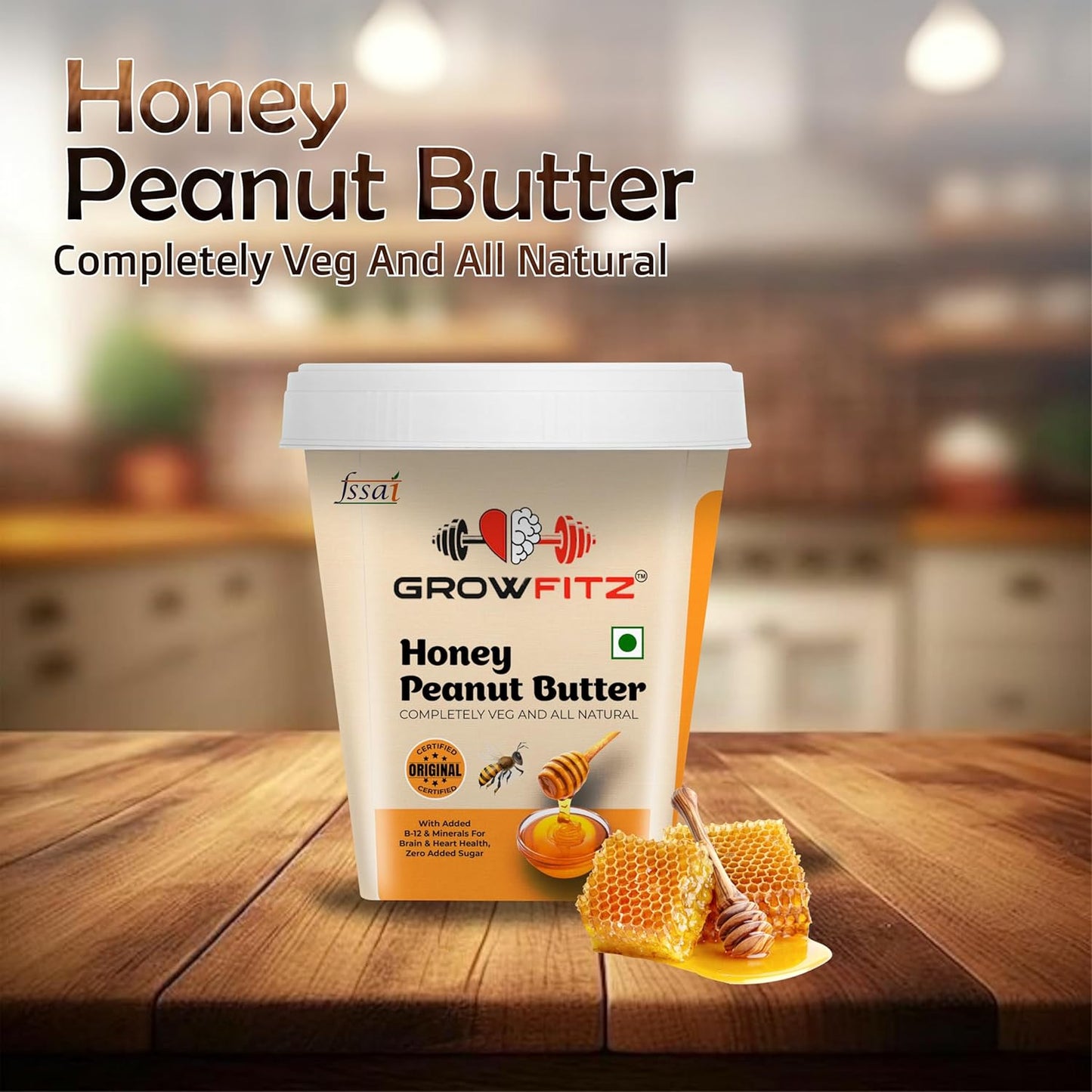 Growfitz Honey Peanut Butter 500g– Pack of 2 (100% Natural & Veg)