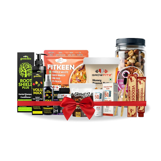 Growfitz Ultimate Rakhi Gift Hamper | Haircare, Peanut Butter, Trail Mix, Fitkeen & More | Healthy & Pampering Combo