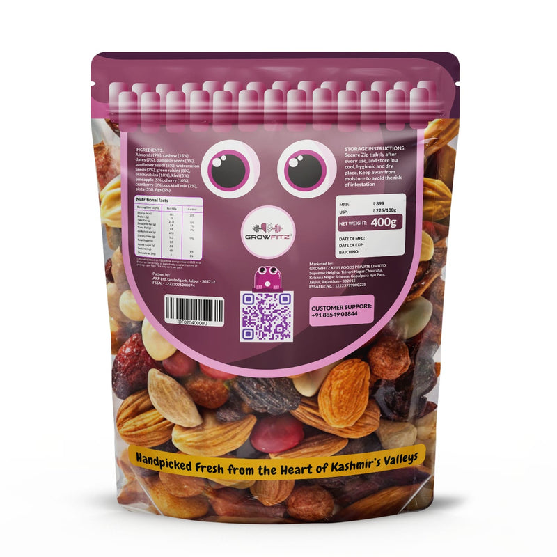 Growfitz Premium Mixed Dried Fruits | Export Quality | 15 in 1 Trail Mix | Cashew, Almonds , Anjeer , Craneberries, Pishta, Dates, Cherries and Many More