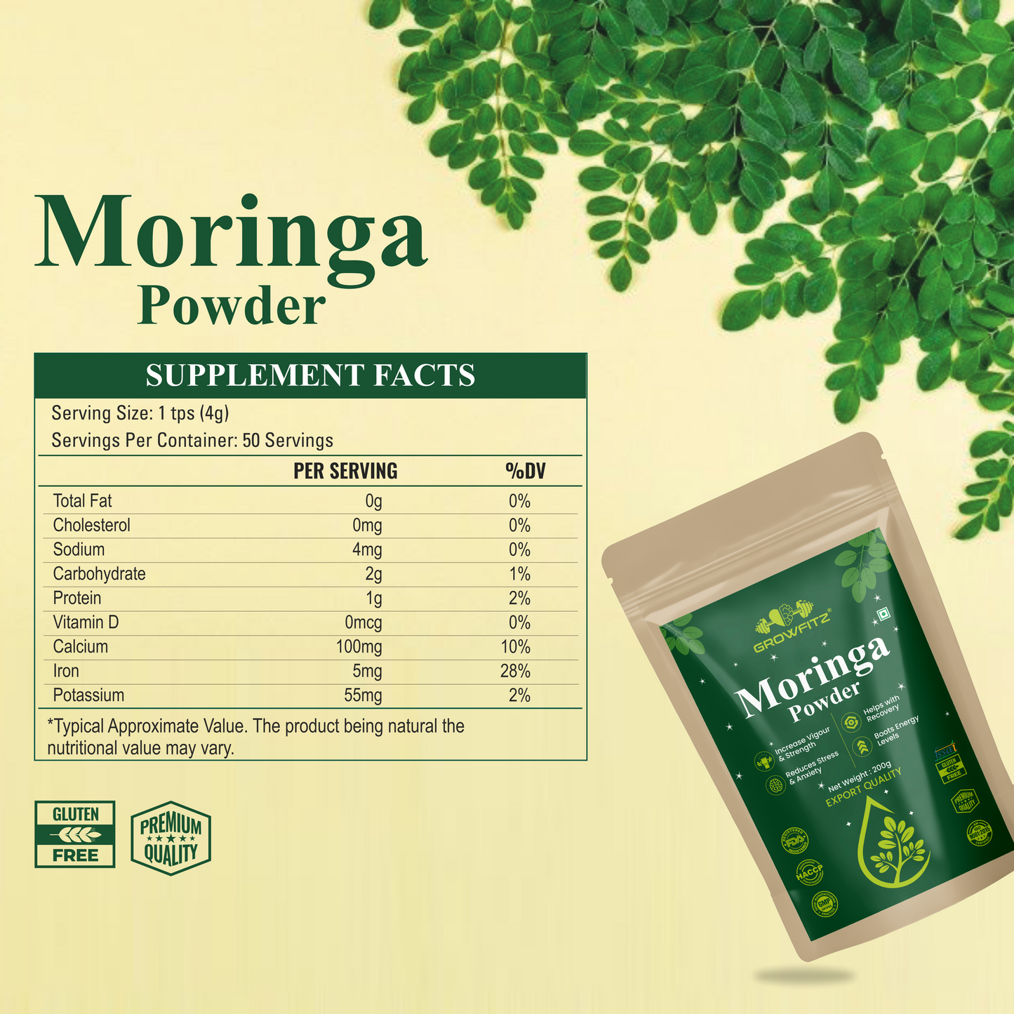 GROWFITZ Moringa Powder | 100% Pure & Natural Superfood | Rich in Iron, Calcium & Antioxidants | Boosts Immunity, Energy & Vitality | 200g Each