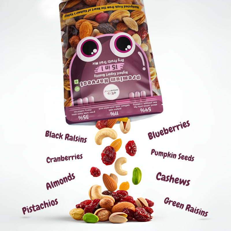 Growfitz Premium Mixed Dried Fruits | Export Quality | 15 in 1 Trail Mix | Cashew, Almonds , Anjeer , Craneberries, Pishta, Dates, Cherries and Many More