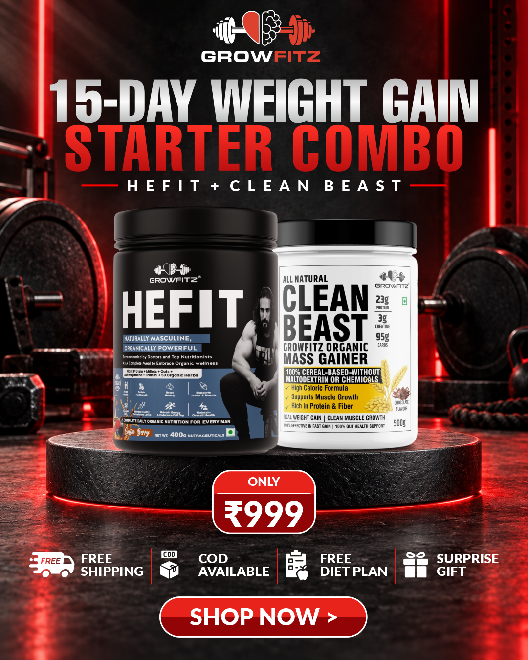 Weight Gain Combo for Him : Hefit + Mass Gainer + Free Diet Plan & Surprise Gift