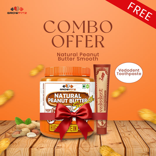 Growfitz Peanut Butter Smooth 800g Combo Pack | High Protein, 100% Natural | Free Vedodent Ayurvedic Toothpaste